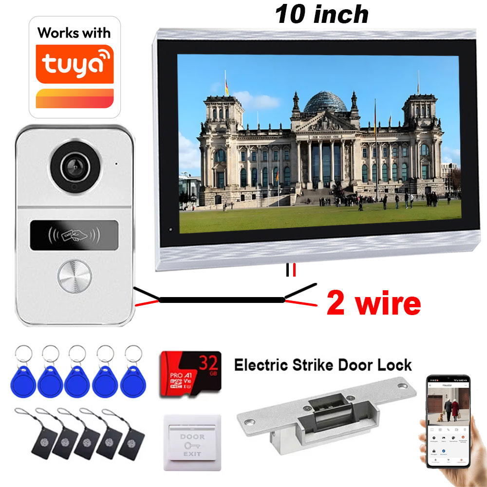 Smart Doorbell Wired - 新型2線式Tuya WifiビデオインターホンシステムHD 1080Pスマートホームビデオドアホン10インチカラースクリーンタッチパネル式電動ストライクロック付き