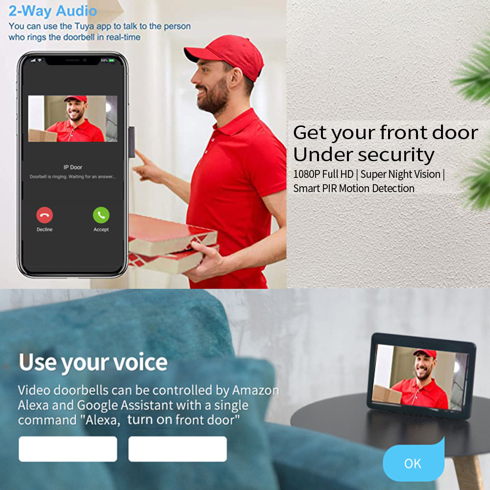 1080P 7 インチ WiFi ビデオインターホン TUY - Smart Doorbell Wired のレビューと価格
